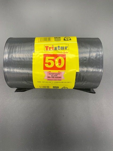 Colour - Black, Medium Duty Refuse Sacks, Roll of 50, Size: 487 x 736 x 990mm, Gauge: 30 Microns, 4 Rolls per box